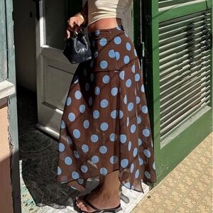 Zara Brown Asymmetrical Skirt with Blue Dots